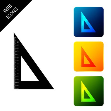 Beyaz arka planda yalıtılmış üçgen cetvel simgesi. Düz kenar sembolü. Geometrik sembol. Simgeleri renkli kare düğmeleri ayarlayın. Vektör İllüstrasyonu