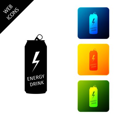 Enerji içeceği simgesi beyaz arka plan üzerinde izole. Simgeleri renkli kare düğmeleri ayarlayın. Vektör İllüstrasyonu
