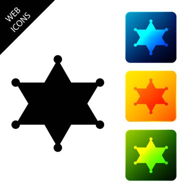 Hexagram şerif simgesi beyaz arka plan üzerinde izole. Polis rozeti simgesi. Simgeleri renkli kare düğmeleri ayarlayın. Vektör İllüstrasyonu