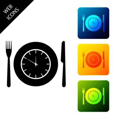 Beyaz arka planda izole edilmiş saat, çatal ve bıçak simgesine sahip plaka. Öğle yemeği vakti. Yeme, beslenme rejimi, yemek zamanı ve diyet kavramı. Simgeleri renkli kare düğmeleri ayarlayın. Vektör İllüstrasyonu