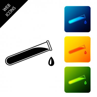 Test tüpü ve şişe - kimyasal laboratuvar test simgesi beyaz arka plan üzerinde izole. Simgeleri renkli kare düğmeleri ayarlayın. Vektör İllüstrasyonu