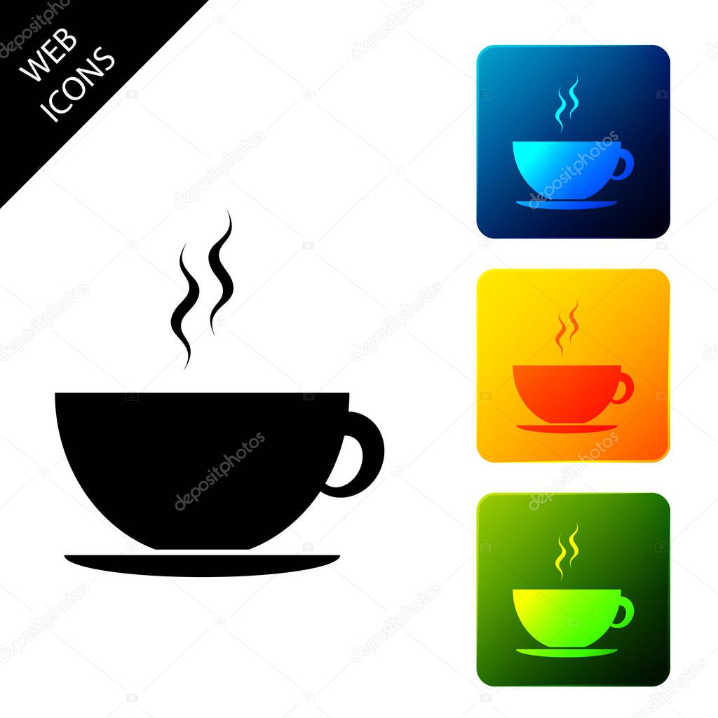 Coffee cup icon isolated on white background. Tea cup. Hot drink coffee. Set icons colorful square buttons. Vector Illustration