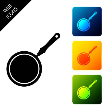 Beyaz arka planda izole edilmiş kızartma tavası simgesi. Simgeleri renkli kare düğmeleri ayarlayın. Vektör İllüstrasyonu