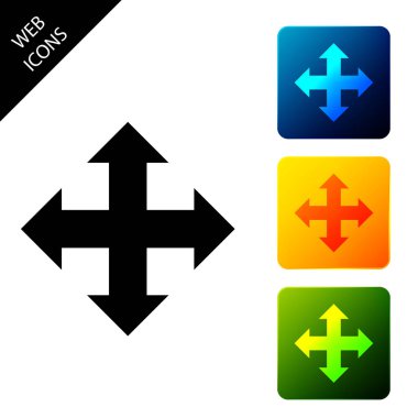 Dört yöndeki oklar beyaz arka planda yalıtılmış simge. Simgeleri renkli kare düğmeleri ayarlayın. Vektör İllüstrasyonu