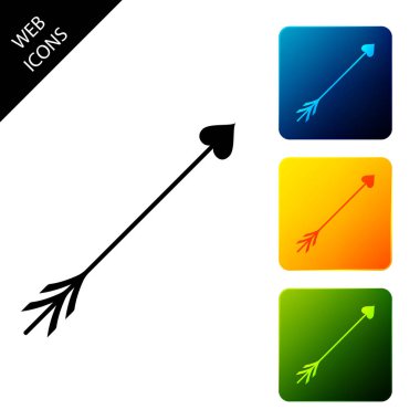 Cupid ok kalp, Sevgililer Günü kartları simgesi beyaz arka plan üzerinde izole. Simgeleri renkli kare düğmeleri ayarlayın. Vektör İllüstrasyonu