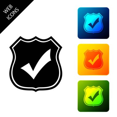 Beyaz arka planda yalıtılmış onay işareti simgesi olan kalkan. Koruma, güvenlik, güvenlik, koruma, savunma konsepti. Onay işareti simgesini işaretleyin. Simgeleri renkli kare düğmeleri ayarlayın. Vektör İllüstrasyonu