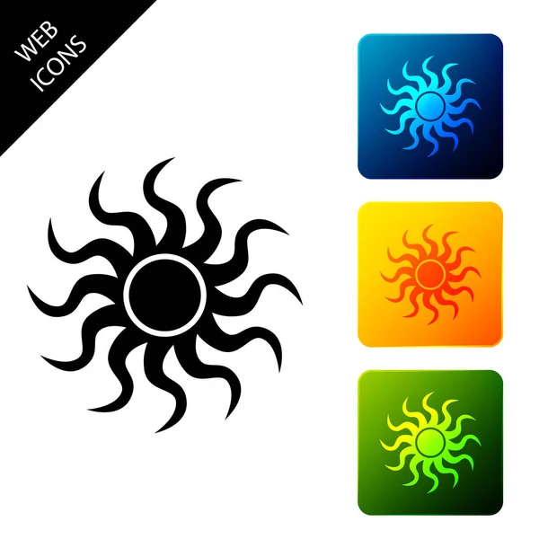 Ikona slunce izolovaná na bílém pozadí. Nastavení ikon barevných čtvercových tlačítek. Vektorová ilustrace — Stockový vektor