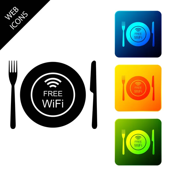 Restaurant Free Wi-Fi zone icon isolated on white background. Plate, fork and knife sign. Set icons colorful square buttons. Vector Illustration — Stock Vector