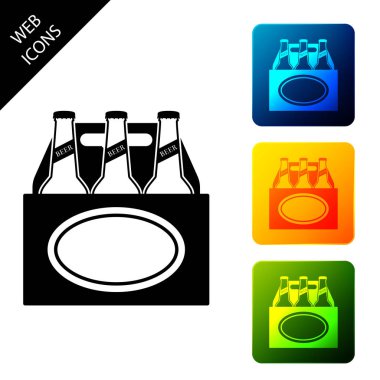 Beyaz arka planda izole edilmiş bira şişeleri simgesi paketi. Kasa kasa bira kutusu tabelası. Simgeleri renkli kare düğmeleri ayarlayın. Vektör İllüstrasyonu