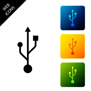 Usb simge simgesi beyaz arka planda yalıtılmış. Usb flash sürücü sembolü. Simgeleri renkli kare düğmeleri ayarlayın. Vektör İllüstrasyonu