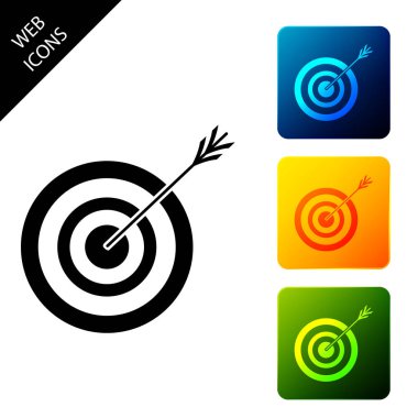 Beyaz arka planda yalıtılmış ok simgesiolan hedef. Dart tahtası tabelası. Okçuluk tahtası simgesi. Dart tahtası işareti. İş hedefi kavramı. Simgeleri renkli kare düğmeleri ayarlayın. Vektör İllüstrasyonu