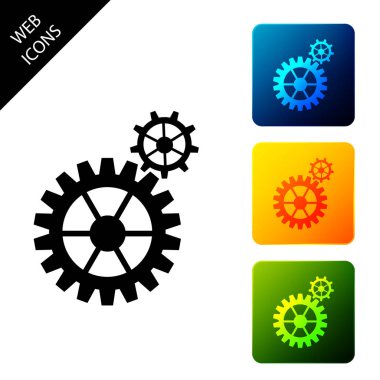 Dişli simgesi beyaz arka planda yalıtılmış. Cogwheel dişli ayarları işareti. Dişli sembolü. Simgeleri renkli kare düğmeleri ayarlayın. Vektör İllüstrasyonu