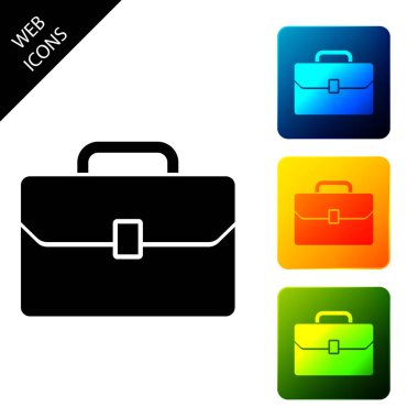 Beyaz arka planda yalıtılmış evrak çantası simgesi. İş davası işareti. İş portföyü. Simgeleri renkli kare düğmeleri ayarlayın. Vektör İllüstrasyonu