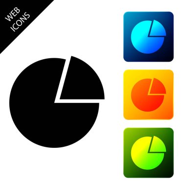 Pasta grafik infografik simgesi beyaz arka planda yalıtılmış. Sunum grafik işareti. Diyagram grafik işareti. Pazar analizi sembolü. Simgeleri renkli kare düğmeleri ayarlayın. Vektör İllüstrasyonu