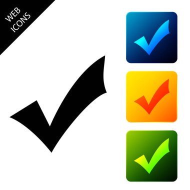 Beyaz arka planda yalıtılmış işaret simgesini işaretleyin. Onay simgesi. Simgeleri renkli kare düğmeleri ayarlayın. Vektör İllüstrasyonu