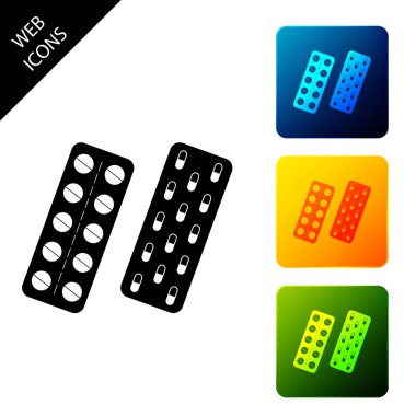 Beyaz arka planda izole blister paket simgesi haplar veya kapsüller. Tabletler pakette. İlaçlar Aksesuar eczaneler ve ilk yardım kitleri. Simgeleri renkli kare düğmeleri ayarlayın. Vektör İllüstrasyonu