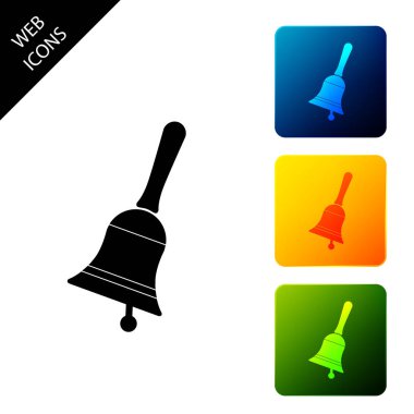 Beyaz arka planda yalıtılmış zil simgesi. Alarm sembolü, servis zili, el zili işareti, bildirim sembolü. Simgeleri renkli kare düğmeleri ayarlayın. Vektör İllüstrasyonu