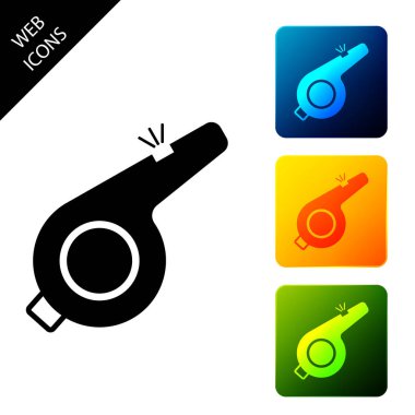 Beyaz arka planda yalıtılmış ıslık simgesi. Hakem sembolü. Fitness ve spor işareti. Simgeleri renkli kare düğmeleri ayarlayın. Vektör İllüstrasyonu