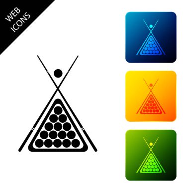 Bilardo işareti ve beyaz arka plan üzerinde izole bir raf üçgen simgesi topları. Simgeleri renkli kare düğmeleri ayarlayın. Vektör İllüstrasyonu