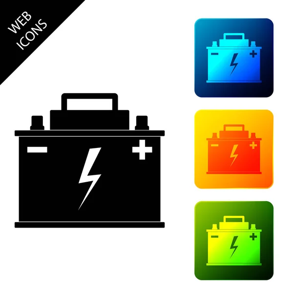 Autobatterie-Symbol isoliert auf weißem Hintergrund. Akkumulatorbatterie und Akkumulatorbatterie. Blitz-Symbol. setzen Symbole bunte quadratische Tasten. Vektorillustration — Stockvektor