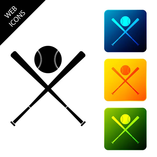 Gekreuzte Baseballschläger und Ball-Symbol isoliert auf weißem Hintergrund. setzen Symbole bunte quadratische Tasten. Vektorillustration — Stockvektor