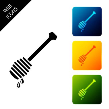 Bal dipper sopa damlama bal simgesi izole. Bal kepçesi. Simgeleri renkli kare düğmeleri ayarlayın. Vektör İllüstrasyonu