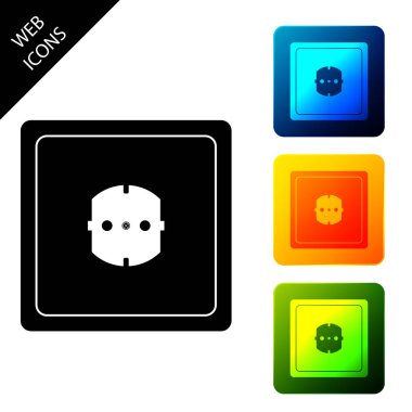 Elektrik prizi simgesi izole. Güç soketi. Rozet sembolü. Simgeleri renkli kare düğmeleri ayarlayın. Vektör İllüstrasyonu