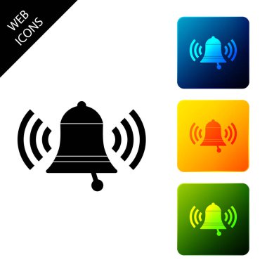 Zil sesi simgesi izole. Alarm sembolü, servis zili, el zili işareti, bildirim sembolü. Simgeleri renkli kare düğmeleri ayarlayın. Vektör İllüstrasyonu