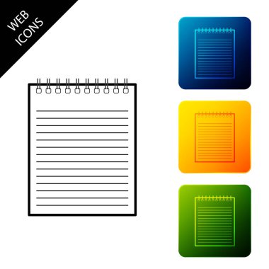 Not defteri simgesi yalıtılmış. Spiral not defteri simgesi. Okul defteri. Yazı defteri. İş günlüğü. Dizüstü kapak tasarımı. Simgeleri renkli kare düğmeleri ayarlayın. Vektör İllüstrasyonu