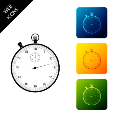 Klasik kronometre simgesi yalıtılmış. Zamanlayıcı simgesi. Kronometre işareti. Simgeleri renkli kare düğmeleri ayarlayın. Vektör İllüstrasyonu
