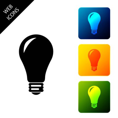 Ampul simgesi izole. Enerji ve fikir sembolü. Lamba elektrikli. Simgeleri renkli kare düğmeleri ayarlayın. Vektör İllüstrasyonu