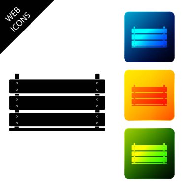 Ahşap kutu simgesi izole. Market sepeti, depo kasası. Sebze, ürün için boş ahşap konteyner. Simgeleri renkli kare düğmeleri ayarlayın. Vektör İllüstrasyonu