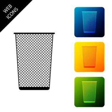 Çöp kutusu yalıtılmış simge. Çöp kutusu tabelası. Sepet simgesini geri dönüştürün. Office çöp simgesi. Simgeleri renkli kare düğmeleri ayarlayın. Vektör İllüstrasyonu