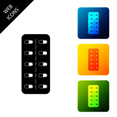 Blister paketi simgesi izole Pills. Tablet vitamini, antibiyotik, aspirin için tıbbi ilaç paketi. Simgeleri renkli kare düğmeleri ayarlayın. Vektör İllüstrasyonu