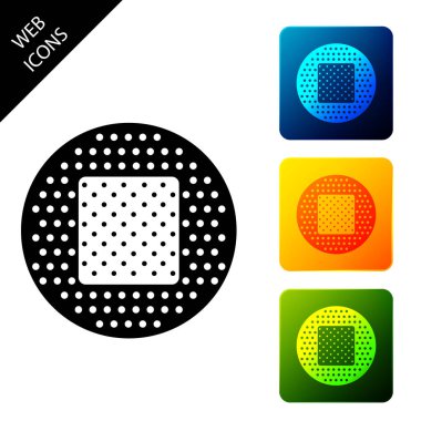 Bandaj sıva simgesi izole. Tıbbi alçı, yapışkan bandaj, esnek kumaş bandajı. Simgeleri renkli kare düğmeleri ayarlayın. Vektör İllüstrasyonu