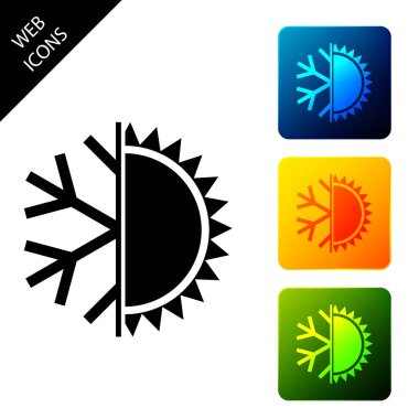 Sıcak ve soğuk sembol. Güneş ve kar tanesi simgesi izole. Kış ve yaz sembolü. Simgeleri renkli kare düğmeleri ayarlayın. Vektör İllüstrasyonu