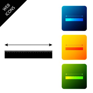 Ölçüm yüksekliği ve uzunluk simgesi yalıtılmış. Cetvel, düz kenar, ölçek sembolü. Simgeleri renkli kare düğmeleri ayarlayın. Vektör İllüstrasyonu