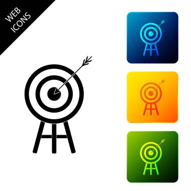 Ok simgesi yalıtılmış hedef. Dart tahtası tabelası. Okçuluk tahtası simgesi. Dart tahtası işareti. İş hedefi kavramı. Simgeleri renkli kare düğmeleri ayarlayın. Vektör İllüstrasyonu