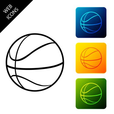 Basketbol topu simgesi izole. Spor sembolü. Simgeleri renkli kare düğmeleri ayarlayın. Vektör İllüstrasyonu
