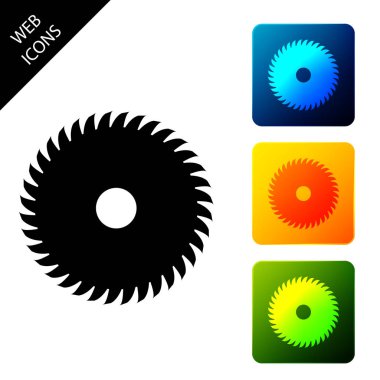 Dairesel testere bıçak simgesi izole. Testere tekerleği. Simgeleri renkli kare düğmeleri ayarlayın. Vektör İllüstrasyonu