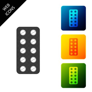 Blister paketi simgesi izole Pills. Tablet vitamini, antibiyotik, aspirin için tıbbi ilaç paketi. Simgeleri renkli kare düğmeleri ayarlayın. Vektör İllüstrasyonu