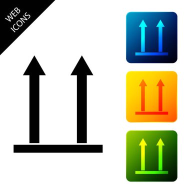 Bu yan simge yalıtılmış. Ambalajın üst tarafını gösteren iki ok. Kargo, bu oklar her zaman yukarı yaslar. Simgeleri renkli kare düğmeleri ayarlayın. Vektör İllüstrasyonu