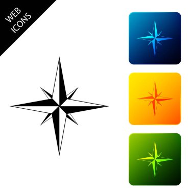 Rüzgar gül simgesi izole. Seyahat için pusula simgesi. Navigasyon tasarımı. Simgeleri renkli kare düğmeleri ayarlayın. Vektör İllüstrasyonu