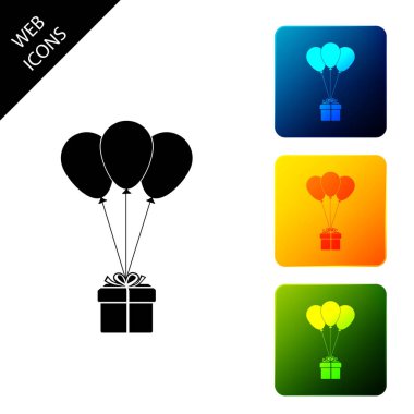 Balonlar simgesi izole ile Hediye kutusu. Simgeleri renkli kare düğmeleri ayarlayın. Vektör İllüstrasyonu
