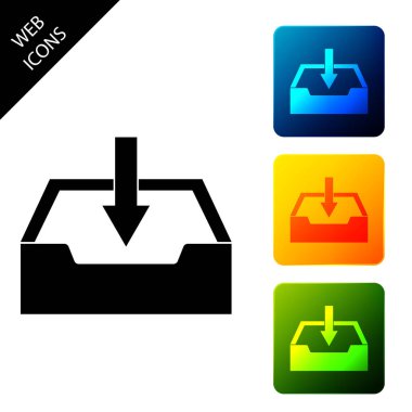 Gelen kutusu simgesini yalıtılmış olarak indirin. Simgeleri renkli kare düğmeleri ayarlayın. Vektör İllüstrasyonu