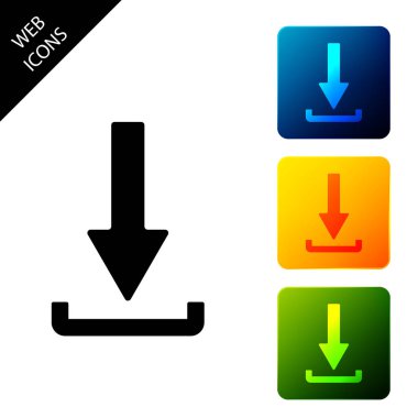 İndirsimge yalıtılmış. Yükle düğmesi. Yük sembolü. Ok noktası aşağıya doğru. Simgeleri renkli kare düğmeleri ayarlayın. Vektör İllüstrasyonu