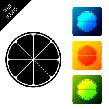 Kesik turuncu. Narenciye ikonu izole. Sağlıklı yaşam tarzı. Simgeleri renkli kare düğmeleri ayarlayın. Vektör İllüstrasyonu