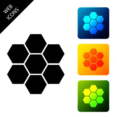 Petek işareti simgesi izole. Bal hücreleri sembolü. Tatlı doğal yemekler. Simgeleri renkli kare düğmeleri ayarlayın. Vektör İllüstrasyonu