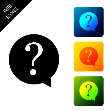 Daire simgesiya yalıtılmış soru işareti. Tehlike uyarı sembolü. SSS işareti. Dosyaları kopyalayın, sohbet konuşma balonu ve grafik web simgeleri. Simgeleri renkli kare düğmeleri ayarlayın. Vektör İllüstrasyonu