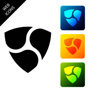 Cryptocurrency sikke Nem Xem simgesi izole. Fiziksel biraz para. Dijital para birimi. Altcoin sembolü. Blockchain tabanlı güvenli kripto para birimi. Simgeleri renkli kare düğmeleri ayarlayın. Vektör İllüstrasyonu